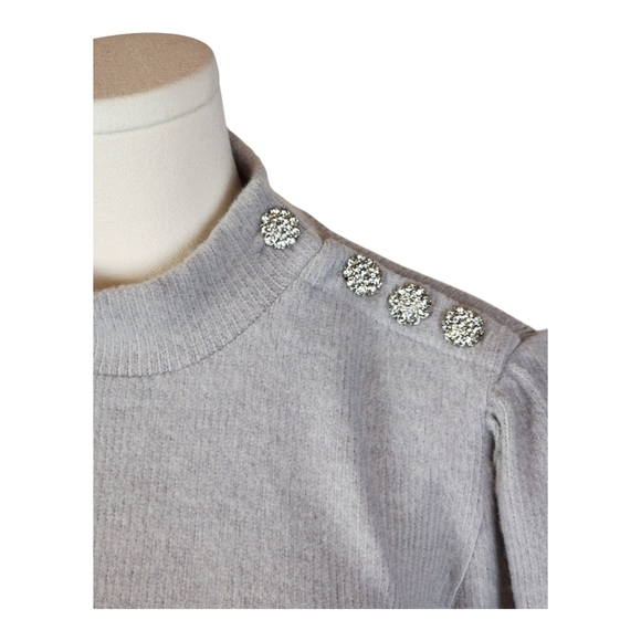 Como Blu Gray Rhinestone Button Shoulder Sweater Balloon Sleeve L - Picture 2 of 8